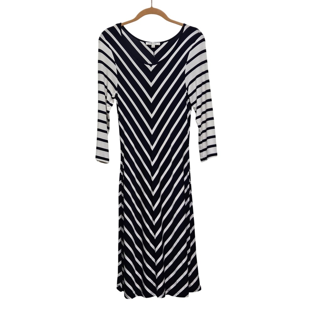 Spense A-Line Dress 8 Navy Blue Chevron Striped‎ V-Neck 3/4 Sleeve Nautical